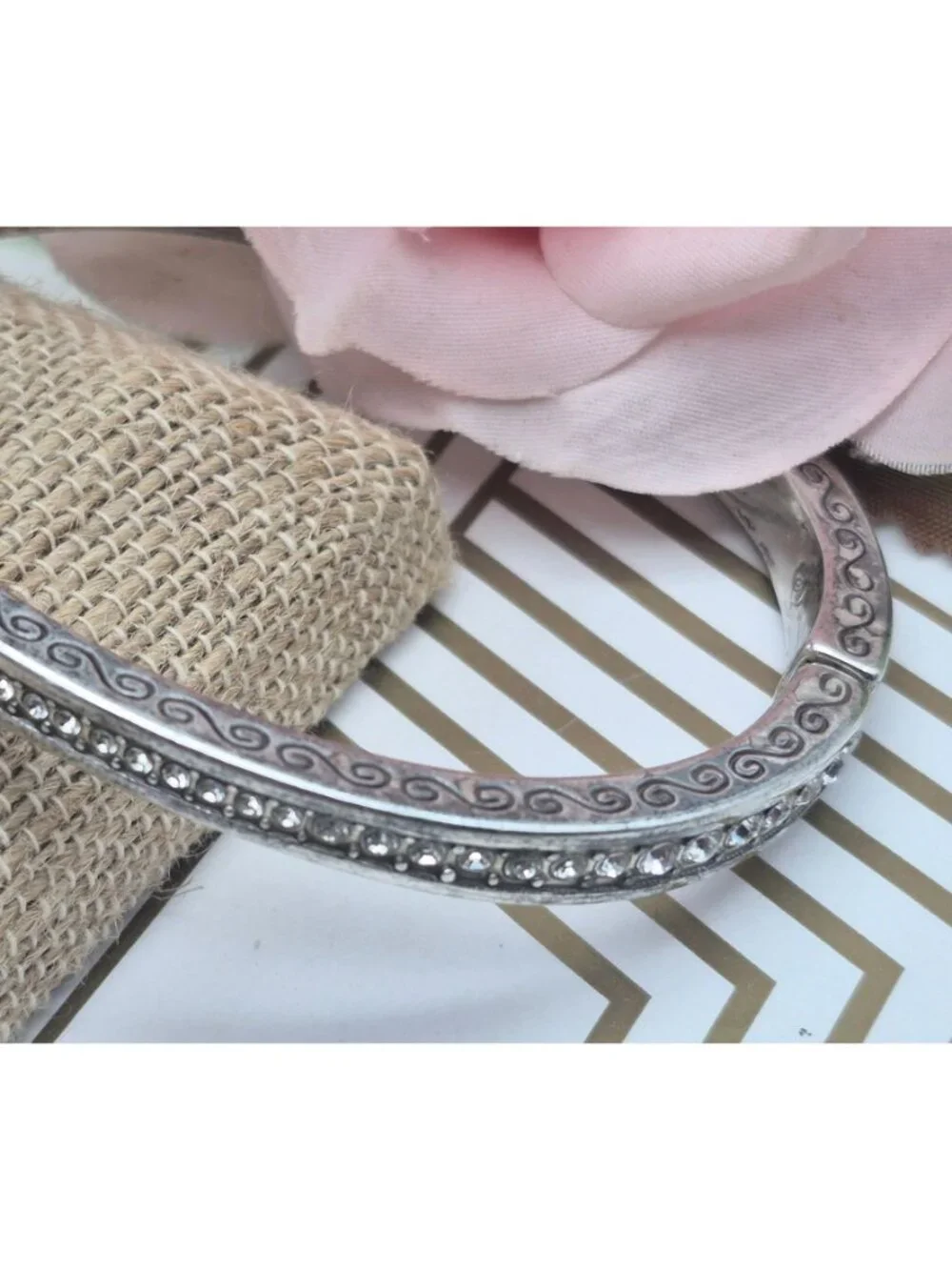Brighton Secret of Love Hinged Bangle Bracelet Silver Plated Crystals & Etching